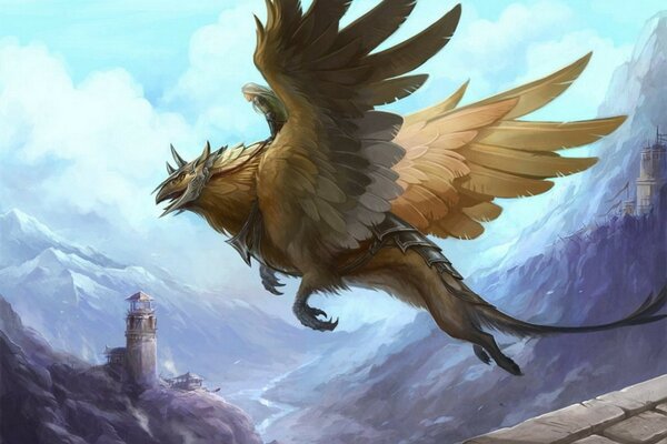 Griffon sur fond de ciel et tour