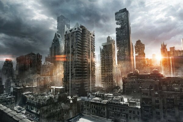 Dawn in the metropolis after the apocalypse