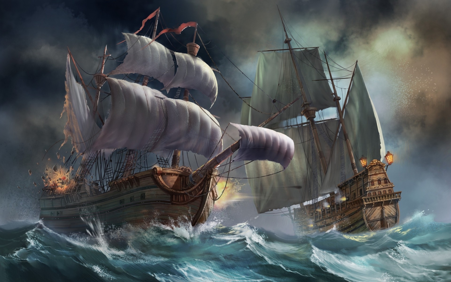 art wave fight battle sea sailboats storm ship