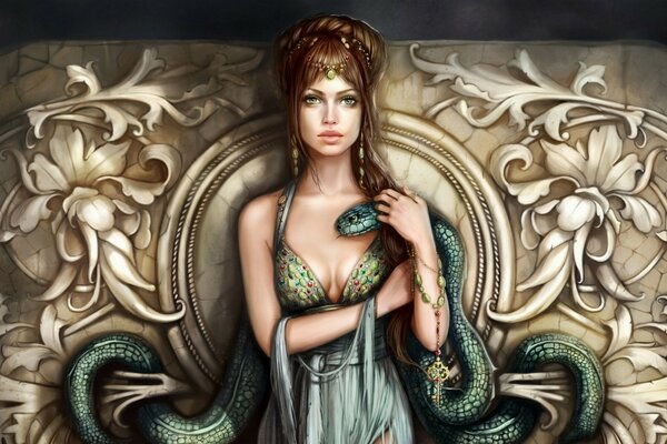 Fille avec un serpent art mythique