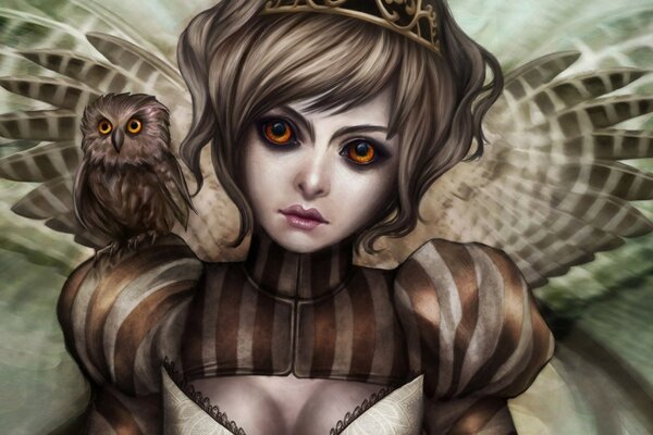 Mysterious girl with an owl on her shoulder