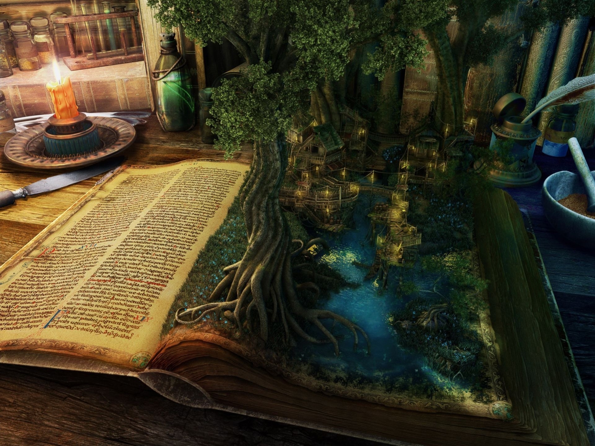 landscape knife candle book tree water magic table house