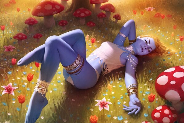 A girl of blue color lies among flowers and fly agarics