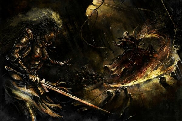 A warrior girl in armor fights monsters