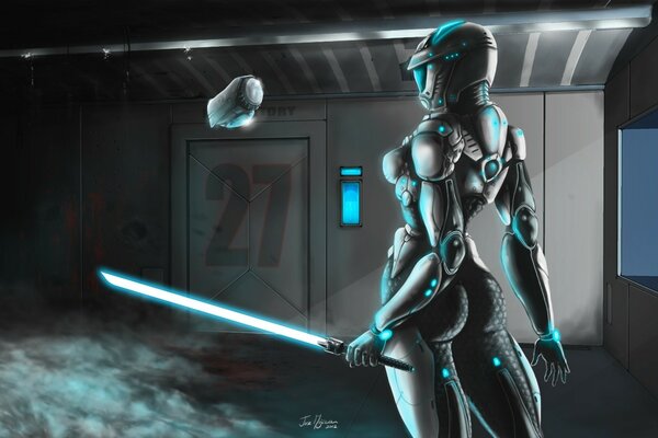 Cyborg girl with a lightsaber