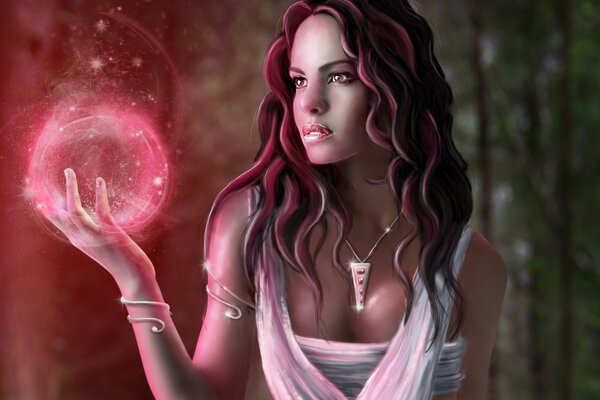 The girl has a sphere in her hands and a magic pendant around her neck