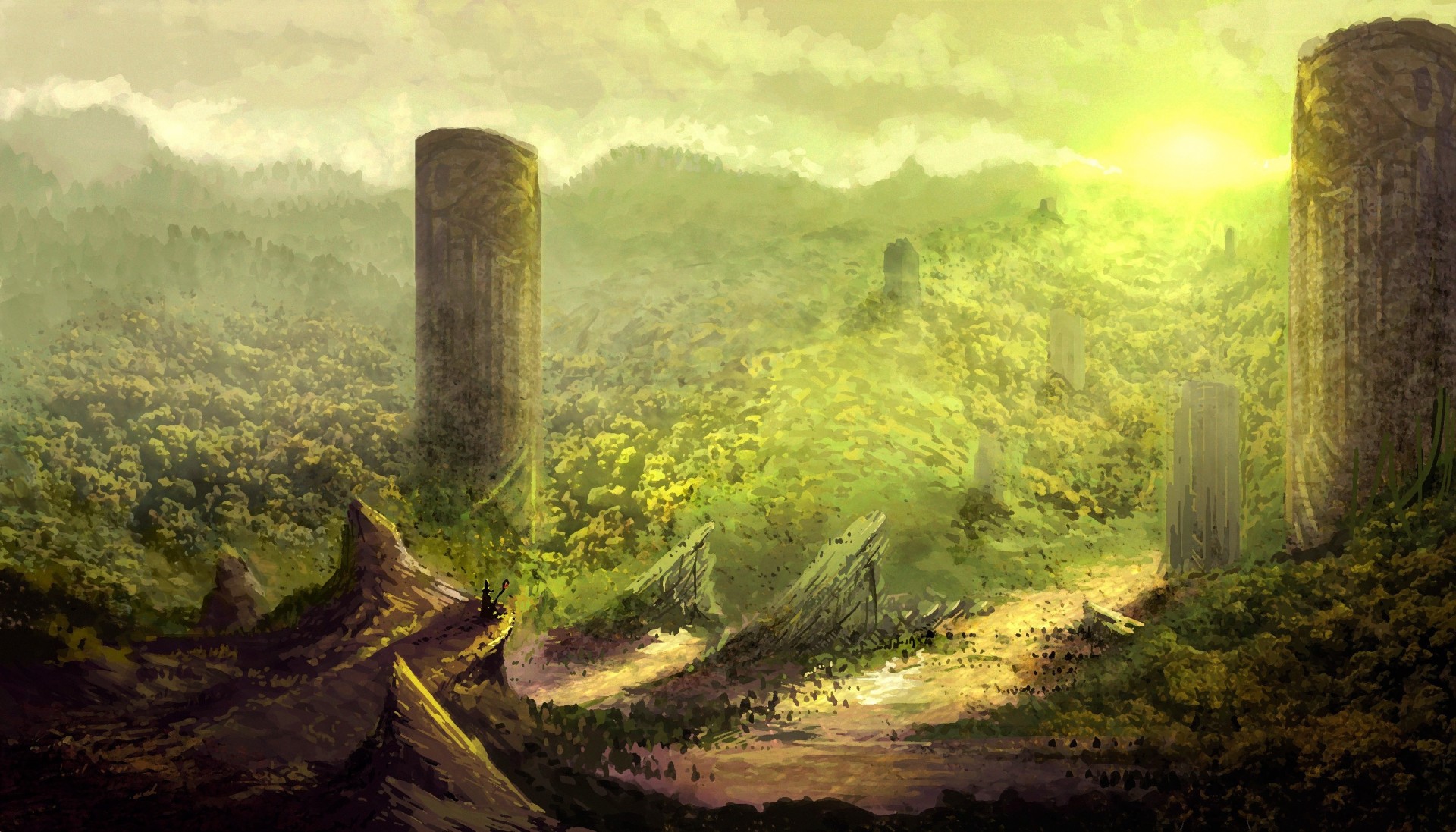 art hills fantasy world column ruins mountain