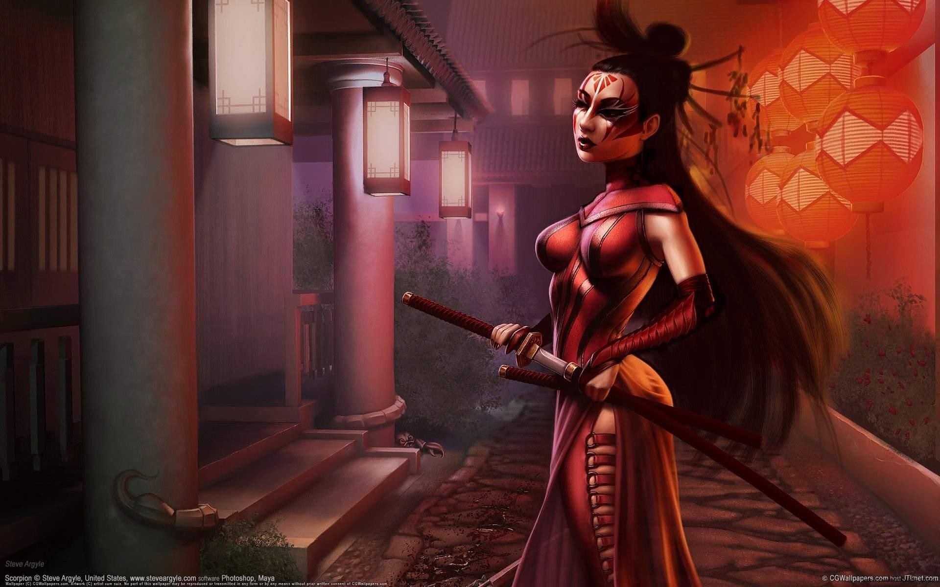 arte chica faros espada ciudad katana asiático