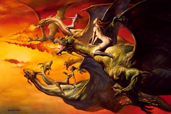 Naked girls riding dragons in the sky