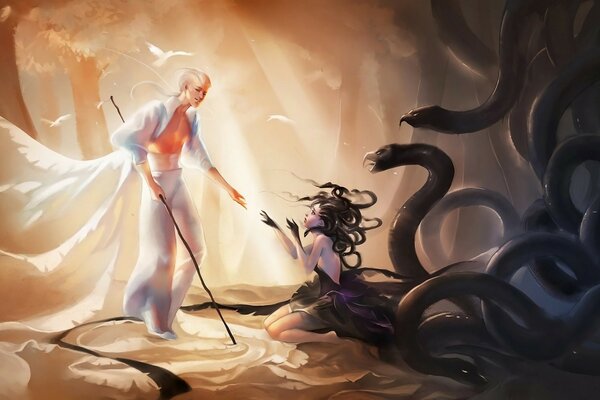 Sakimichan girl and snakes opposite a man in white