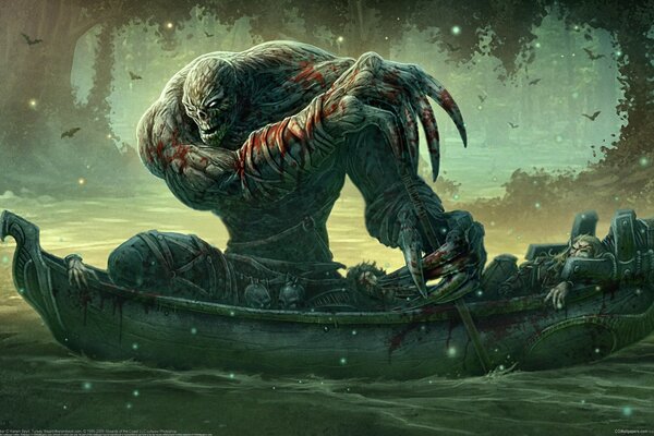 Art of a monster in a boat that tortured people