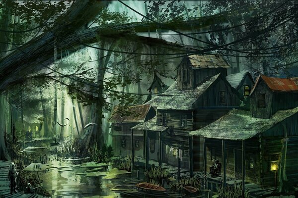 Village in the swamp mysterious art