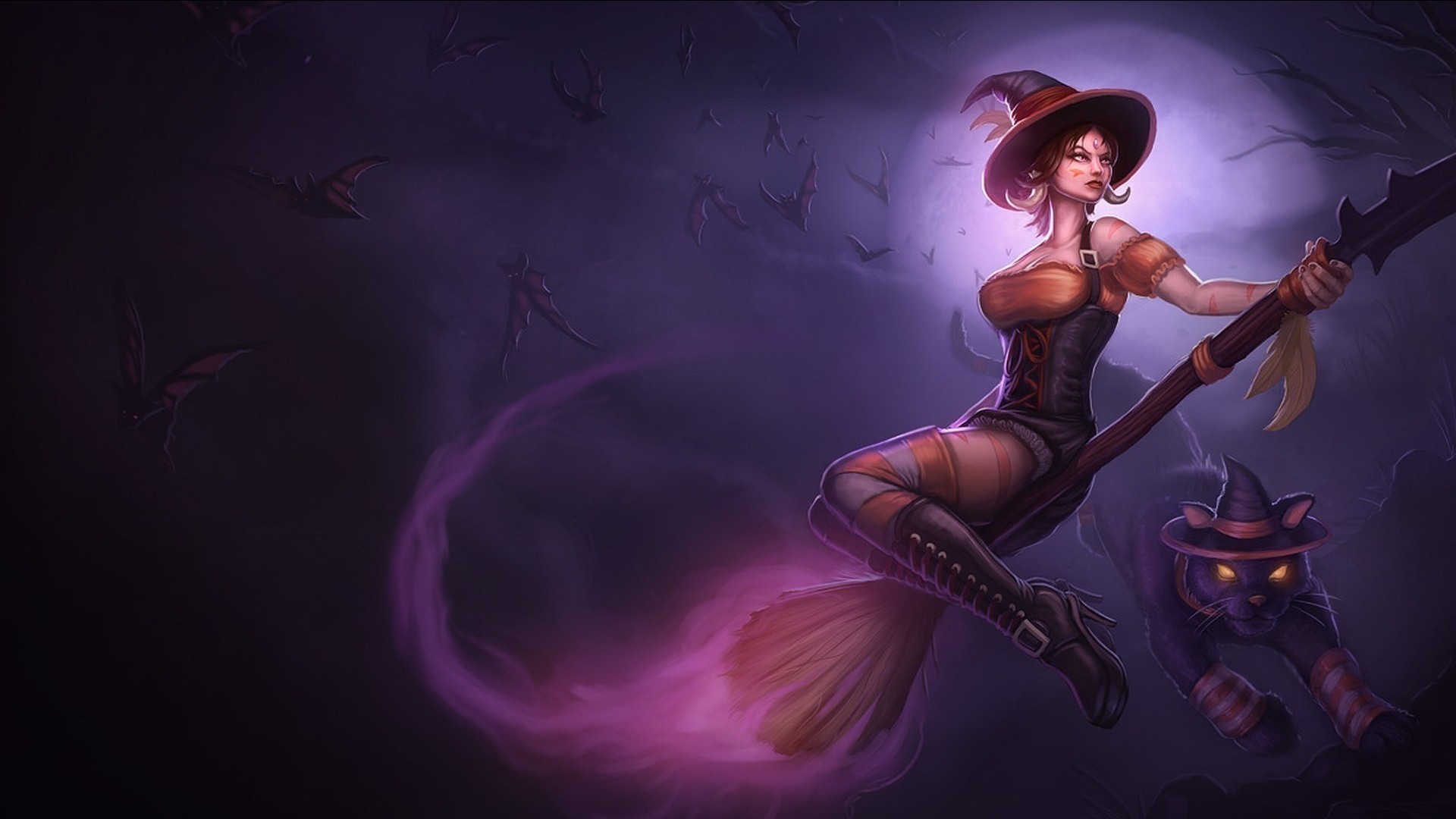 mouse art league of legends night flying witch black broom moon cat