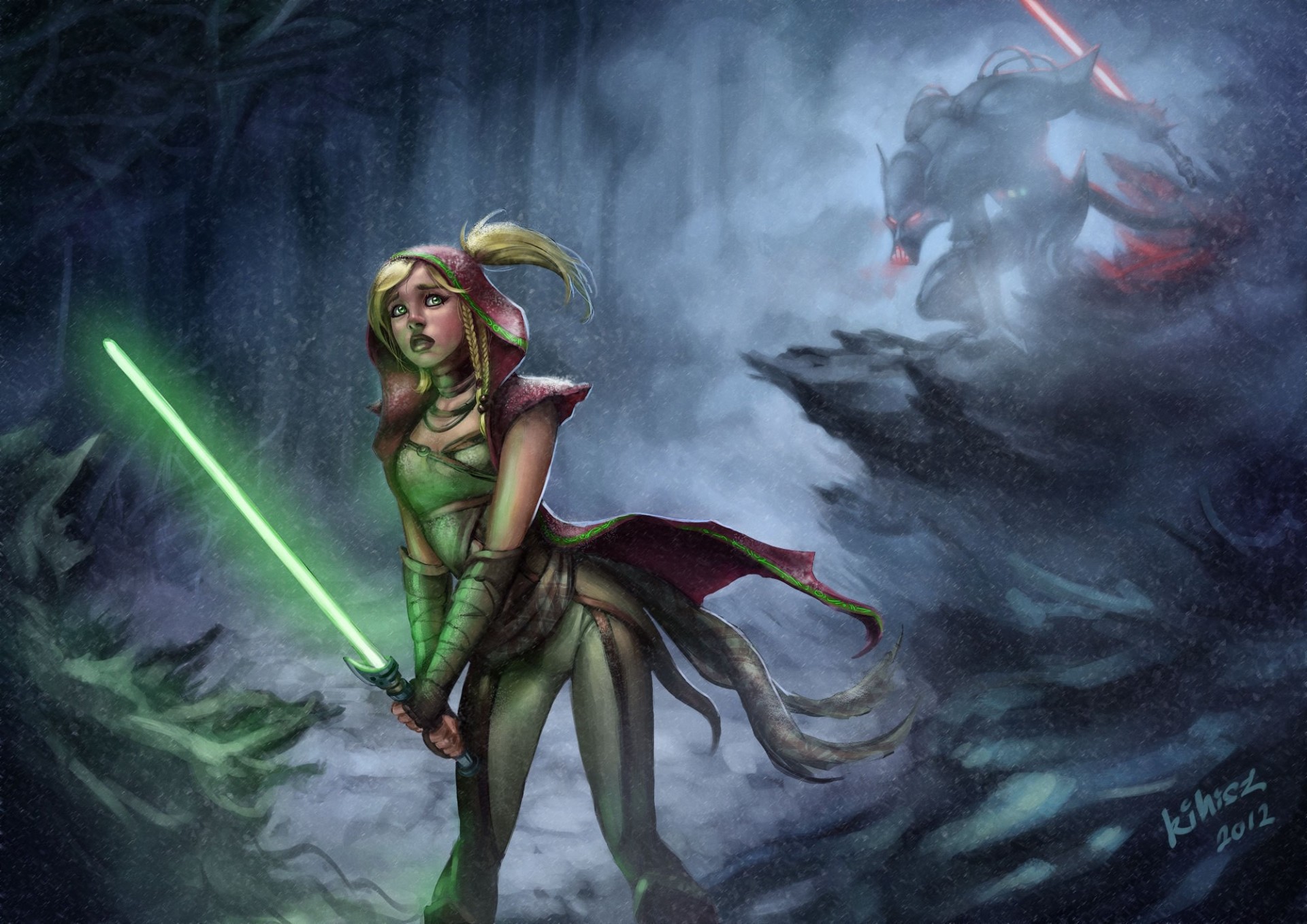 art red riding hood the dark side padawan grey wolf forest lightsabers snow