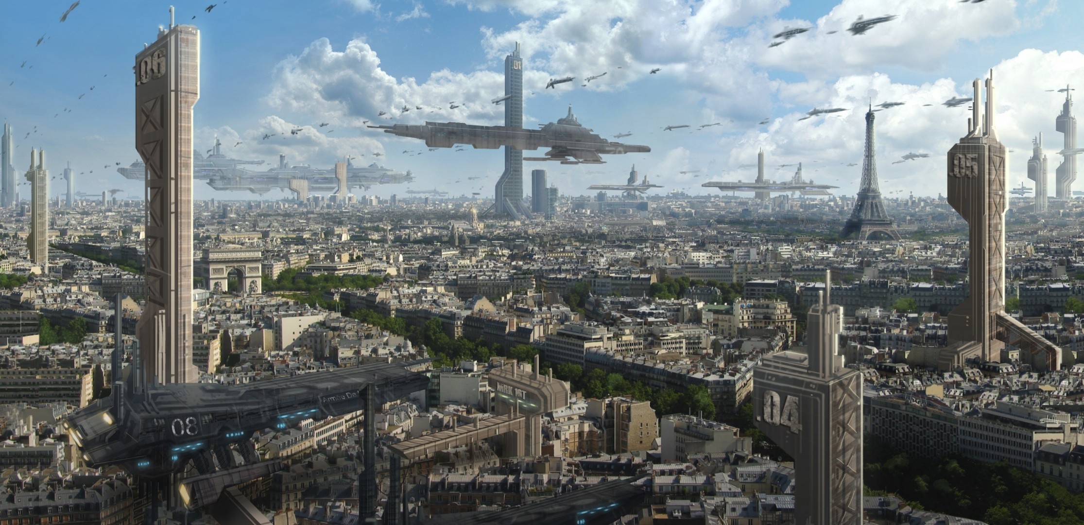 art gratte-ciel vue transport avenir tour eiffel paris ville nuages astrokevin arc de triomphe navires