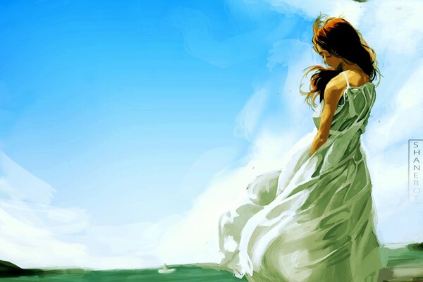 Drawing, a girl on a blue sky background