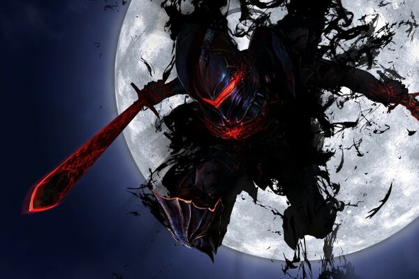 Dark warrior on the background of the moon