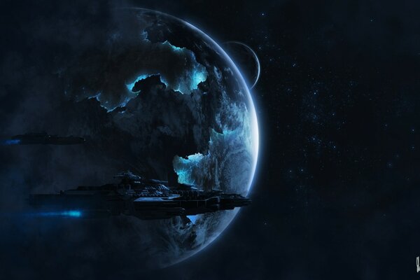 A spaceship on the background of a planet in space