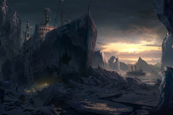 An abandoned ship in blocks of ice