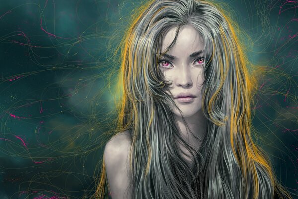 Retrato de una chica con el pelo gris amarillo