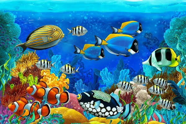 Painting with beautiful fish and corals