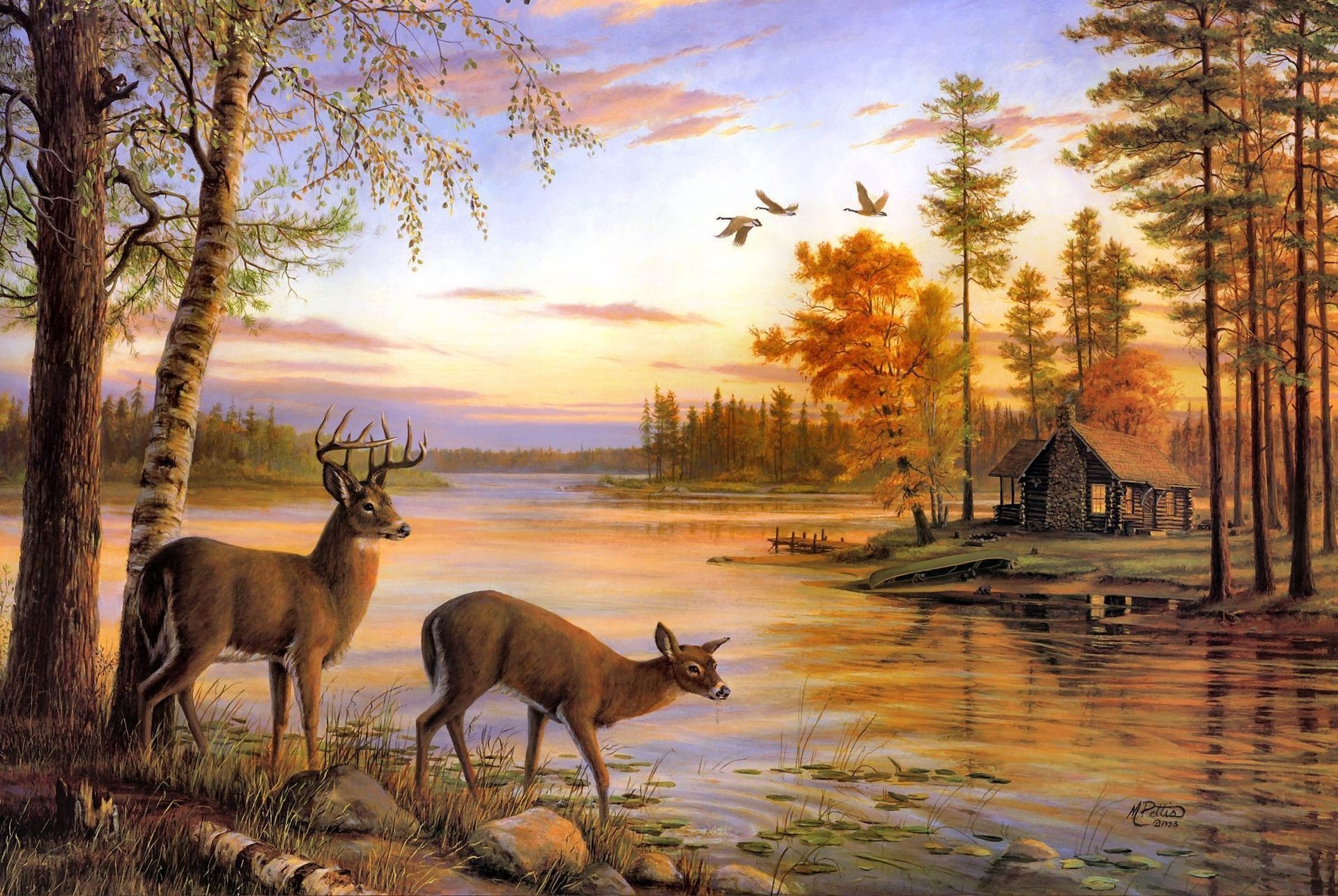 painting birch mary pettis quiet evening river deer nature