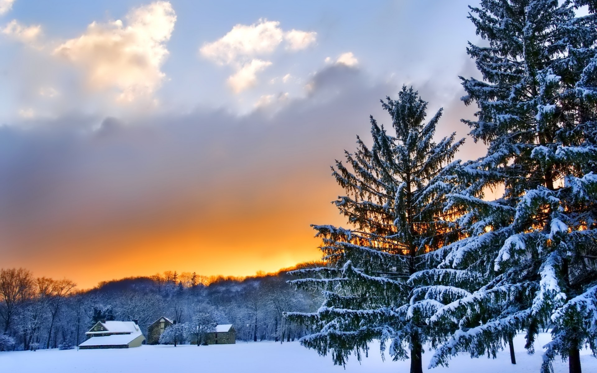 neige paysage hiver coucher de soleil ciel