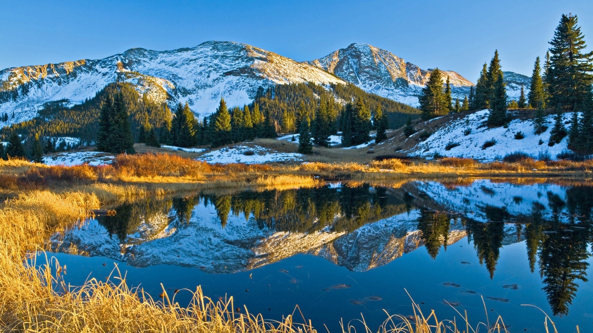 reflexión lago árboles montañas