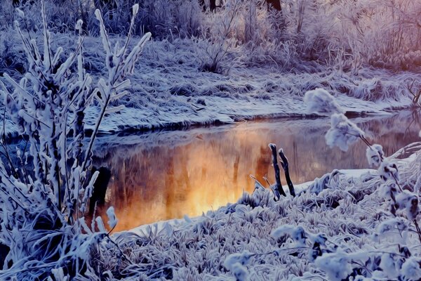 Winter landscape and unfrozen river