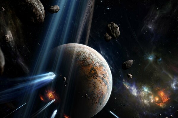 Spazio interplanetario con Meteore ed esplosioni