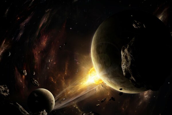 An image of space with a view of planets and an asteroid