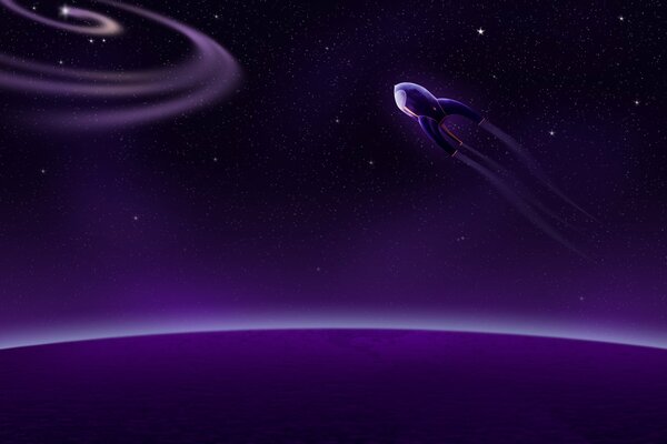 A spaceship flying against a background of purple glow