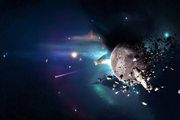 A planet, flying asteroids in outer space