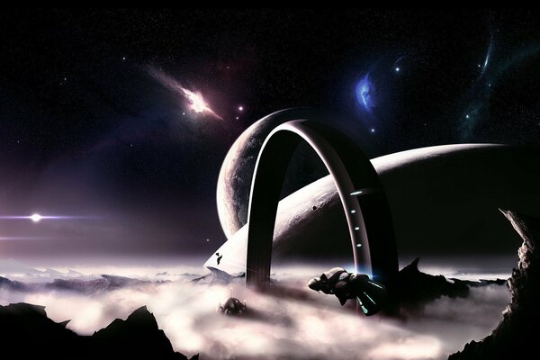 Future sky ship view of the stars fog