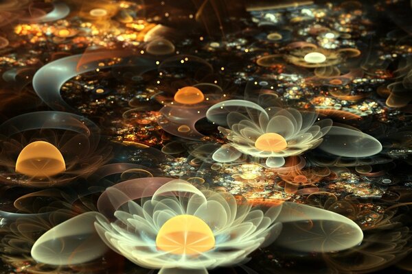 Abstraction of water lilies in warm colors