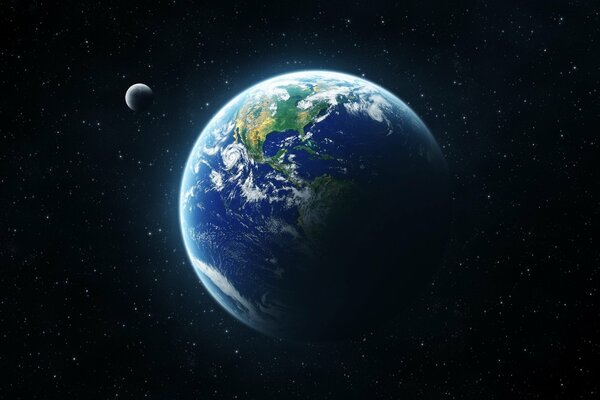 Planet Earth and the moon in space