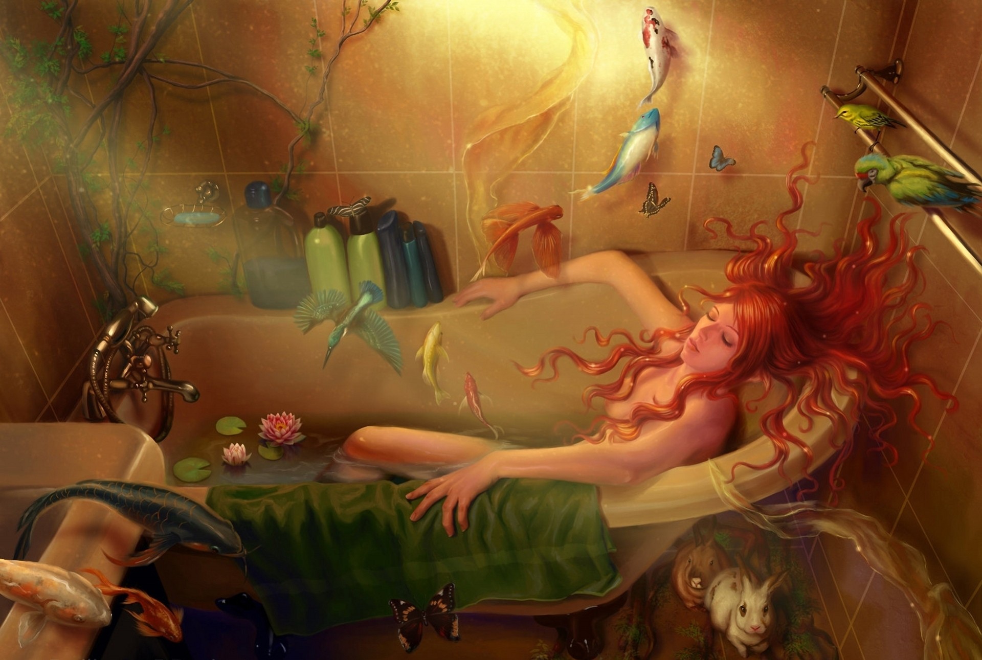 art is girl bed rabbits fish butterfly dream bath bird