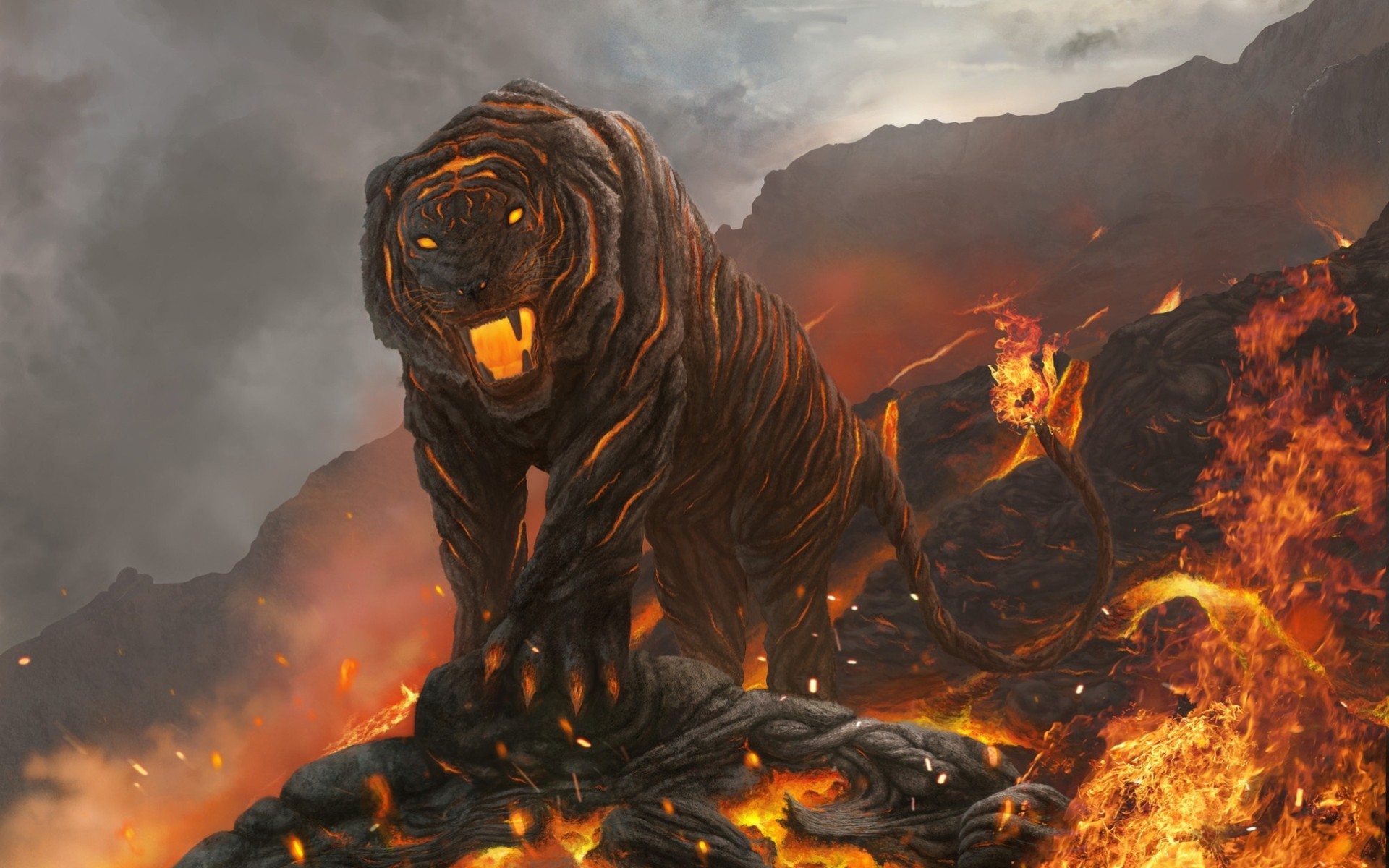 art lava mouth fire tiger mountain cat