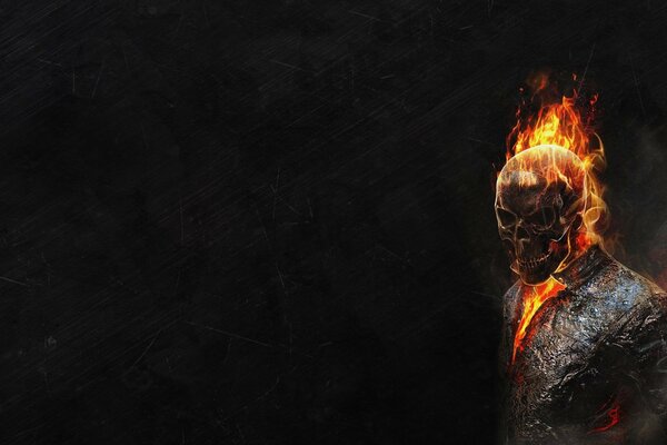 Ghost rider skeleton on fire on dark background