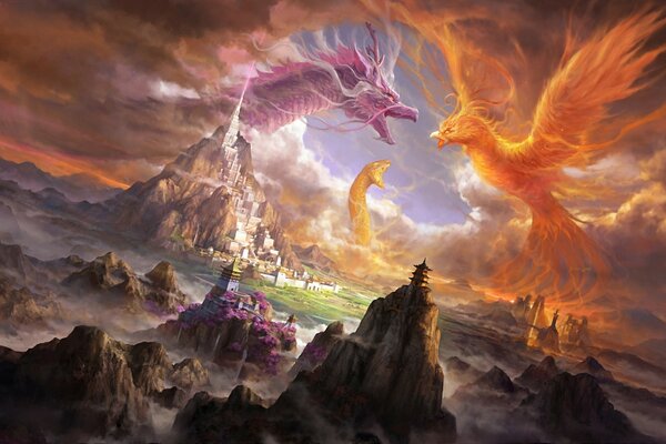 Dragon and bird fight in the sky