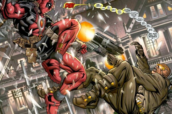 Deadpool marvel hero shoots a gun