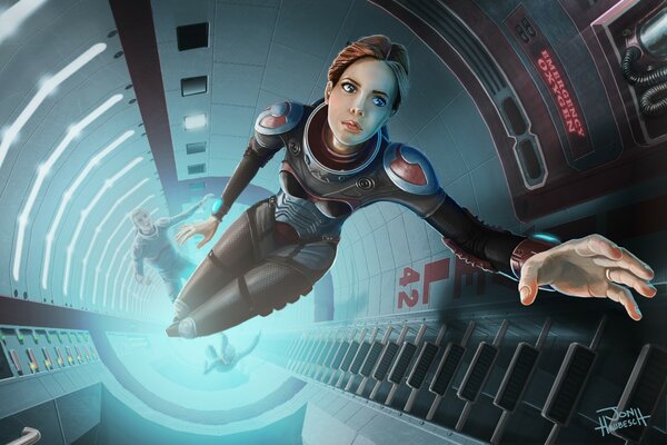 The girl in weightlessness stretched out her hand forward