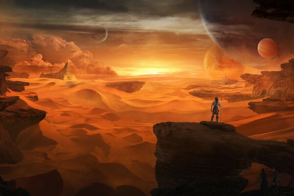 A man stands against the background of a beautiful landscape of the red planet