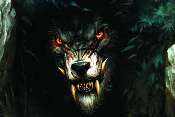 A scary wolf with red eyes and a grin