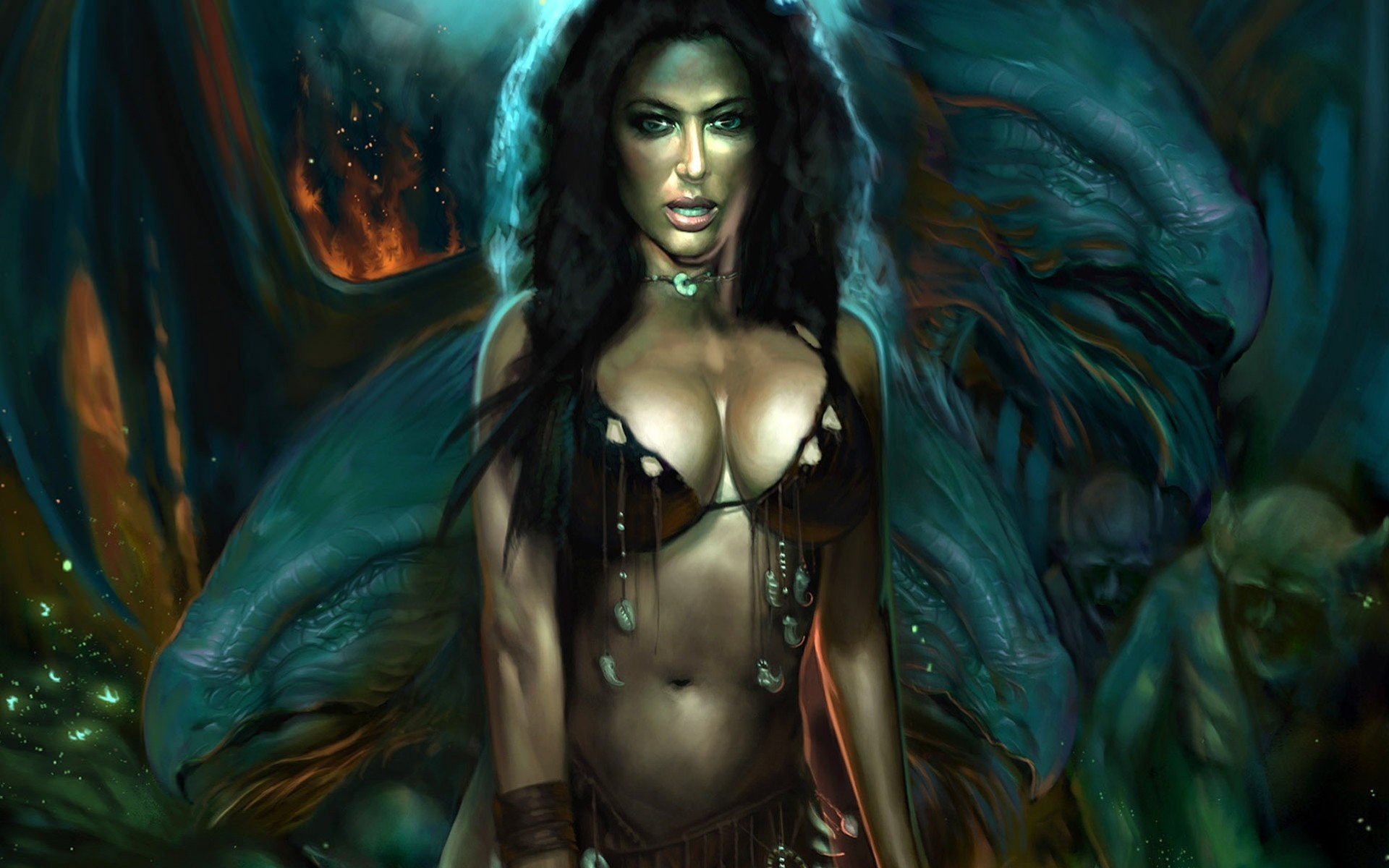 witch art daemons girl fire monster