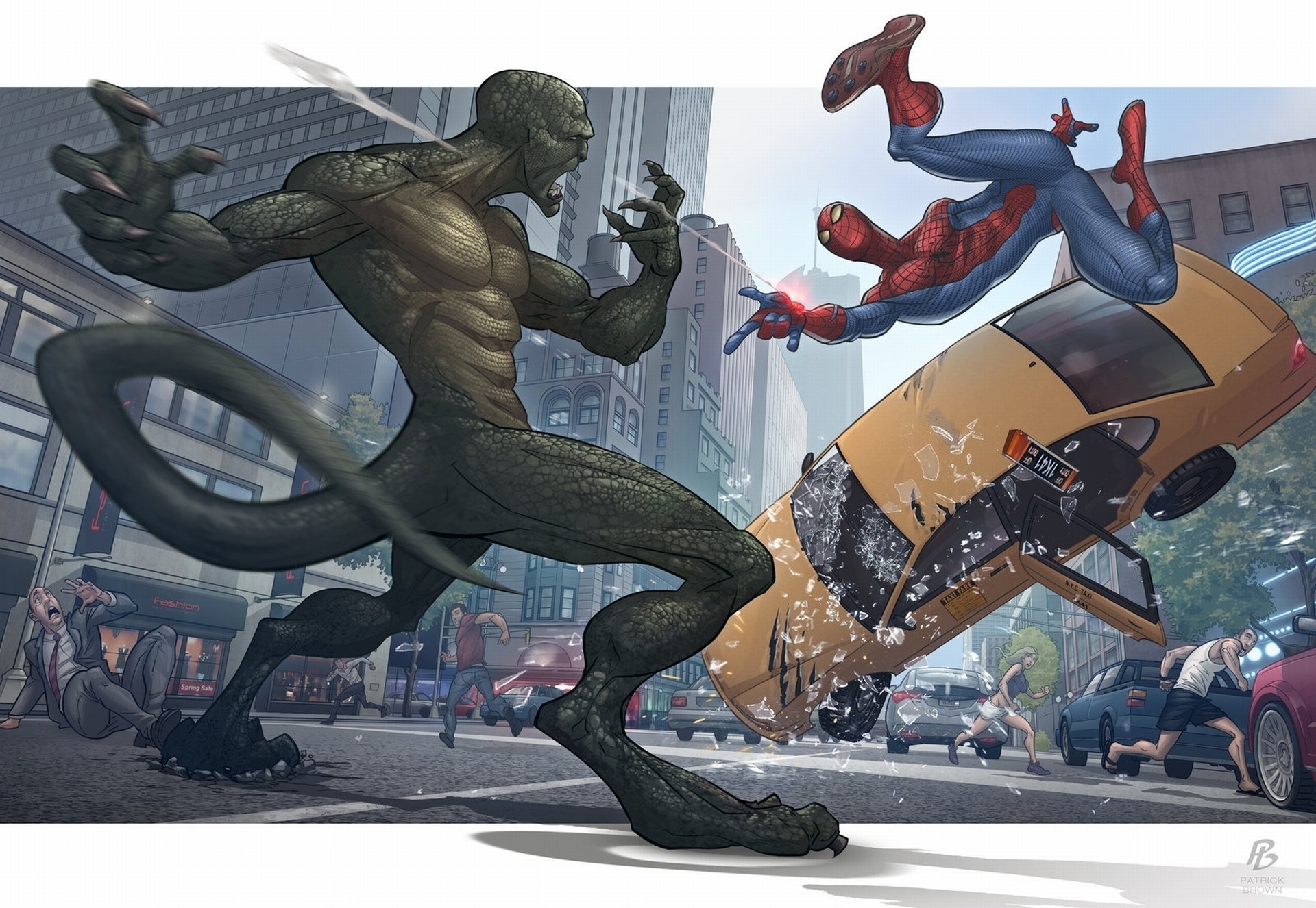 taxi fight town raptor people spiderman patrick brown