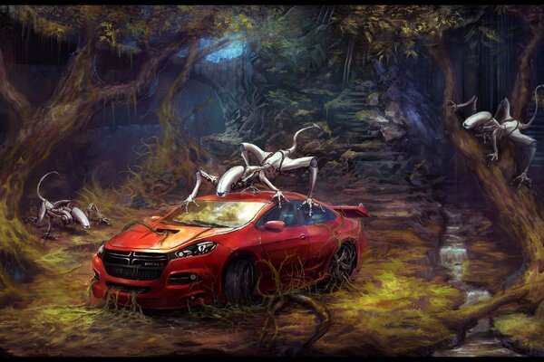 Coche rojo en el bosque con robots