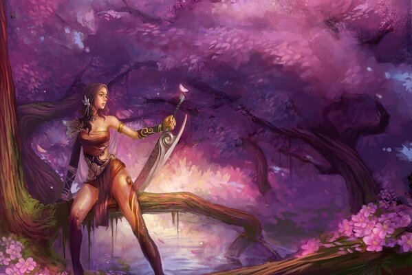 Fetish girl on a branch on a purple background