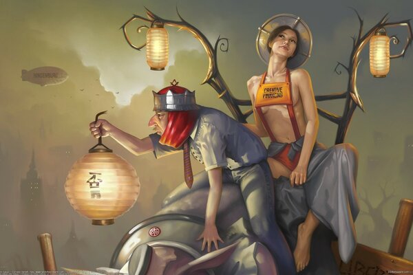 A hawk-nosed man in a burqa and a crown with a Chinese lantern lights the way for a proud and brave dreamy girl in a hat