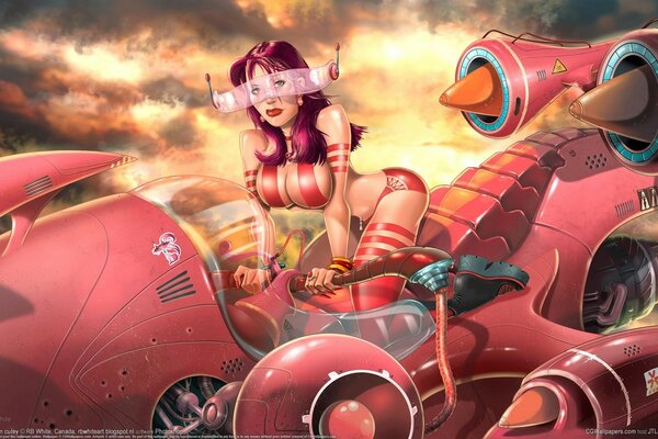 Futuristic girl with cherry-colored hair and lush breasts dissects on a jet aircraft